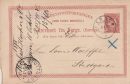 Norvège Entier Postal Bergen Pour L'Allemagne 1888 - Entiers Postaux