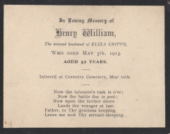 Coventry Cemetary Henry William Eliza Cripps 1913 Funeral Card - Coventry