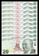 Turquía Turkey Lot 10 Banknotes 20 Liras L.1970 / 2009 (2022) Pick 224f Serie G Sc Unc - Turquie