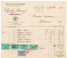Facture 1922 Bruxelles Charles Brunet Manufacture De Peausseries TP Fiscaux - Ambachten