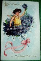 Cpa TUCK Gaufrée Ange, CHERUBIN Bouquet De VIOLETTES 1908 CUPID  In PURPLE FLOWERS FLORAL MISSIVE VALENTINE  EMBOSSED - Valentine's Day