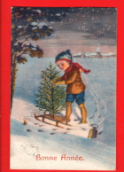 NBB-34  Bonne Année, Enfant Dans La Neige Avec Luge Transportant Sapin De Noël. Circulé Avec Un Timbre Helvétia 7,5 Ct. - Neujahr