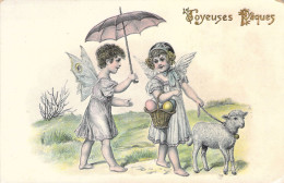 Pâques - Enfants Mouton Et Panier D'oeuf - Illustration Non Signée - Carte Postale Ancienne - Easter