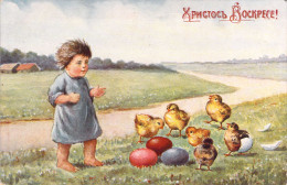 Pâques - ENFANT POUSSINS ET OEUFS - Illustration Non Signée - Carte Postale Ancienne - Pascua