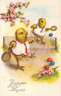 Pâques - Poussins Jouent Au Tennis - Illustration Non Signée - Carte Postale Ancienne - Pascua