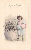 Pâques - Fillette - Oeuf En Jardinière De Fleurs - Illustration Non Signée - Carte Postale Ancienne - Pascua