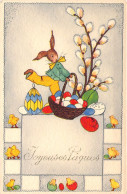 Pâques - Lapin Et Panier D'oeufs - Illustration Non Signée - Carte Postale Ancienne - Easter