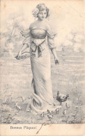 Pâques - Femme En Robe Dans La Basse Cour - Illustration Non Signée - Carte Postale Ancienne - Easter