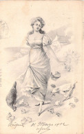 Pâques - Femme En Robe Dans La Basse Cour - Illustration Non Signée - Carte Postale Ancienne - Pascua