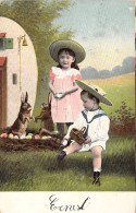 Pâques - Enfants Lapins Et Oeufs - Illustration Non Signée - Carte Postale Ancienne - Easter