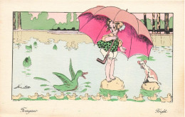 Illustrateur - Sager - Frayeur - Petite Fille Avec Parapluie Sur Une Pierre Qui A Peur  - Carte Postale Ancienne - Sager, Xavier