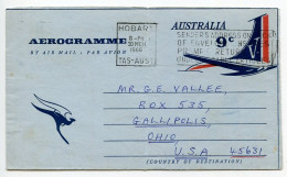 Australia 1966 9c. Airplane Tail Aerogramme / Air Letter; Hobart, Tasmania To Gallopolis, Ohio, United States - Aerogramas