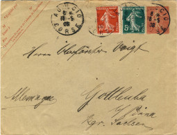 FRANCE - 1908 Enveloppe 10c Semeuse Lignée +5c & 10c Semeuse D'AJACCIO,Corse Pour L'Allemagne - Standard Covers & Stamped On Demand (before 1995)