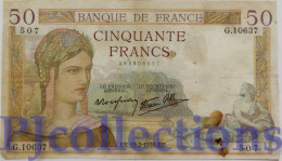 FRANCE 50 FRANCS 1937 PICK 85b FINE W/PINHOLES - 50 F 1934-1940 ''Cérès''