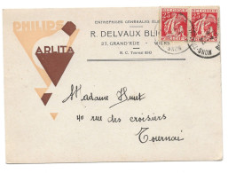 N° 339 X 2   25 Ct.  Carte Publicitaire PHILIPS  Ambulant MONS - TOURNAI 28 MARS 1933 - 1932 Cérès Et Mercure