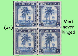 1942 ** RUANDA-URUNDI = RU 129 MNH PALM OIL SET OLIVE TREE ( BLOCK X 4 STAMPS WITH ORIGINAL GUM ) - Ungebraucht