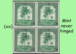 1942 ** RUANDA-URUNDI = RU 132 MNH PALM OIL SET GREEN TREE ( BLOCK X 4 STAMPS WITH ORIGINAL GUM ) - Nuovi