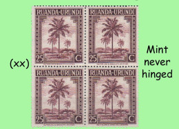 1942 ** RUANDA-URUNDI = RU 130 MNH PALM OIL SET BLUE TREE ( BLOCK X 4 STAMPS WITH ORIGINAL GUM + PAGE BORDER ) - Nuevos