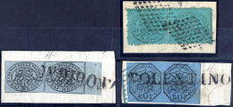 O/piece/pair 1852/68, Tre Frammenti, Con Coppia Annullata Del ½ Baj. (bordo Di Foglio), 7 Baj. Prima Emissione Ed Una Co - Papal States