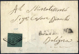 Cover 1859, Sovracoperta Di Lettera Del 8.10.1859 Da Ravenna A Bologna, Affrancata Con 3 Baj. Verde Scuro, Molto Ben Mar - Romagna