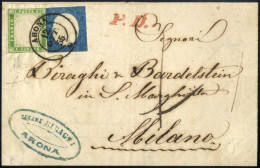 Cover 1855, Lettera Da Arona Il 12.9 Per Milano Affrancata Con 20 C. Azzurro III Di Sardegna E 5 C. Verde Giallo IV Di S - Sardinia