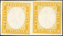 **/* 1861, 80 C. Giallo Arancio In Coppia Orizzontale, Pos. 18 E 18 Del Foglio, Con Ottimi Margini, Nuovi Con Gomma Orig - Sardinia