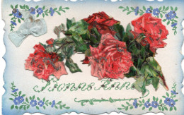 Découpi " Bouquet De Roses Rouges  " Réhaussé De Paillettes Brillantes - Noeud Bleu En Tissu - A Systèmes