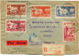 COTE D'IVOIRE LETTRE RECOMMANDEE PAR AVION AVEC AFFR COMPL AU DOS DEPART ABIDJAN 27 AOUT 37 COTE D'IVOIRE POUR LA FRANCE - Lettres & Documents