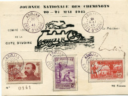 COTE D'IVOIRE CARTE POSTALE N°0141 " JOURNEE NATIONALE DES CHEMINOTS 20 - 21 MAI 1945 " AVEC OBL ABIDJAN 20 ET 21 MAI 45 - Storia Postale