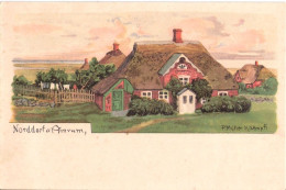 Insel AMRUM Künstlerkarte Paul Müller Kaempff Reetdachhaus NORDDORF Color Litho - Föhr