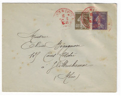 EXPOSITION PHILATELIQUE DE LYON 1931 Lettre 40c Semeuse Yv 193 236 Arrivée Villeurbanne Verso Meca 4 5 1931 - Commemorative Postmarks