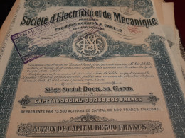 Société D'Electricité Et De Mécanique Procédés Thomson Houston & Carels - Action De Capital De 500 Frs - Gand  Fév. 1920 - Elektriciteit En Gas