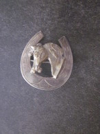 BROCHE ANCIENNE CHEVAL FER A CHEVAL PORTE BONHEUR? GRAVURE LINE VOIR PHOTOS - Equitazione