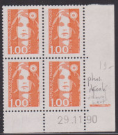 FRANCE N° 2620** MARIANNE DE BRIAT COIN DATE 29/11/90 VARIETE PHOSPHORE A CHEVAL VERS LE HAUT - 1990-1999