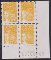 FRANCE N° 3443** MARIANNE DE LUQUET COIN DATE 13/3/02 - 1990-1999