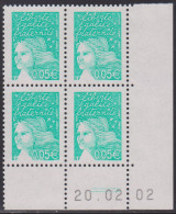 FRANCE N° 3445** MARIANNE DE LUQUET COIN DATE 20/2/02 - 1990-1999