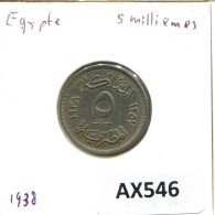 5 MILLIEMES 1938 EGYPTE EGYPT Islamique Pièce #AX546.F - Egypt