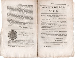 BULLETIN DES LOIS N° 216 - DECRET IMPERIAL SU BLA CLOTURE DE LE SESSION DU CORP LEGISLATIF -SIGNE NAPOLEON - 10 SEP 1808 - Decrees & Laws