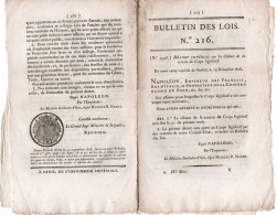 BULLETIN DES LOIS N° 216 - DECRET IMPERIAL SU BLA CLOTURE DE LE SESSION DU CORP LEGISLATIF -SIGNE NAPOLEON - 10 SEP 1808 - Decreti & Leggi