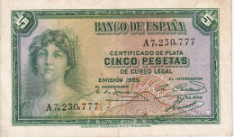 BILLETE DE ESPAÑA DE 5 PTAS DEL AÑO 1935 SERIE A EN CALIDAD EBC (XF) (BANKNOTE) - 5 Peseten