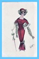 CPA - BKWI 301-6 - Illustrateur (Frojsjer ?) - Mode Petite Femme - Robe Rouge Chapeau Bol - Mode