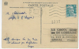 Nom Destinataire Collé Sur CP ( La Croix De Lorraine A EPINAL ) Avec Chiffre Imprimé + CaD " NEUFCHATEAU - Vosges " 1951 - Andere & Zonder Classificatie