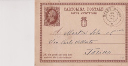 CARTOLINA POSTALE DIECI CENTESIMI 24/4/1877  NIZZA MONFERRATO ASTI  PER TORINO - Entero Postal