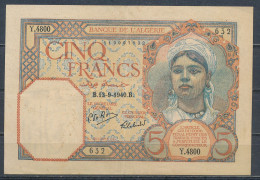 °°° ALGERIA ALGERIE 5 FRANCS 13-9-1940 °°° - Argelia