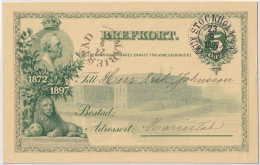 SUÈDE / SWEDEN - 1897 - 5 öre Green Jubilee Postal Card Mi.P28 Used STOCKHOLM Exhibition Cancel To MARIESTAD - Postwaardestukken