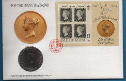 ISLE OF MAN 1 CROWN 1990 KM# 267 PENNY BLACK 150ᵗʰ ANNIVERSARY STAMP & COIN COVER 1st DAY  Elizabeth II - Isle Of Man