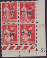 FRANCE FRANCHISE MILITAIRE N° 7*  TYPE PAIX COIN DATE DU 14/4/37 - Autres & Non Classés