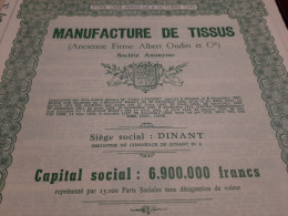 Manufacture De Tissus S.A. - Firme Albert Oudin Et Cie - Part Sociale Dans Désignation De Valeur - Dinant  Après 1944. - Industrie