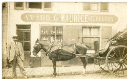 Carte Photo Homme Avec Cheval Et Calèche Devant Boutique Vins Et Liqueurs,G.Maurice - Personnes Anonymes