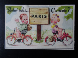 Carte Postale Fantaisie Système PARIS-75-Sous Le Panneau-Tirette 10 Vues-Garçon-Fille-Vélo-Bicyclette-3 SCANS - Cartas Panorámicas